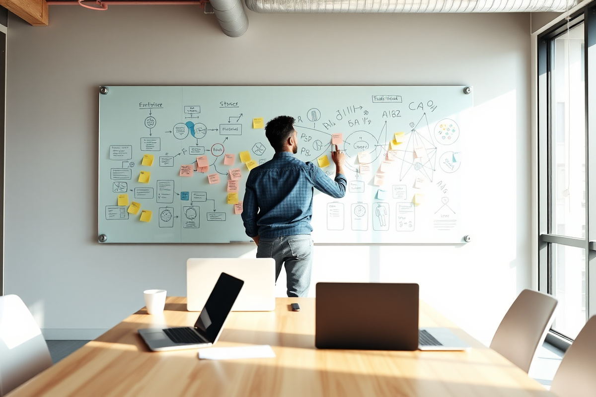 Startup founders reviewing plans at a whiteboard with laptops open in a modern office