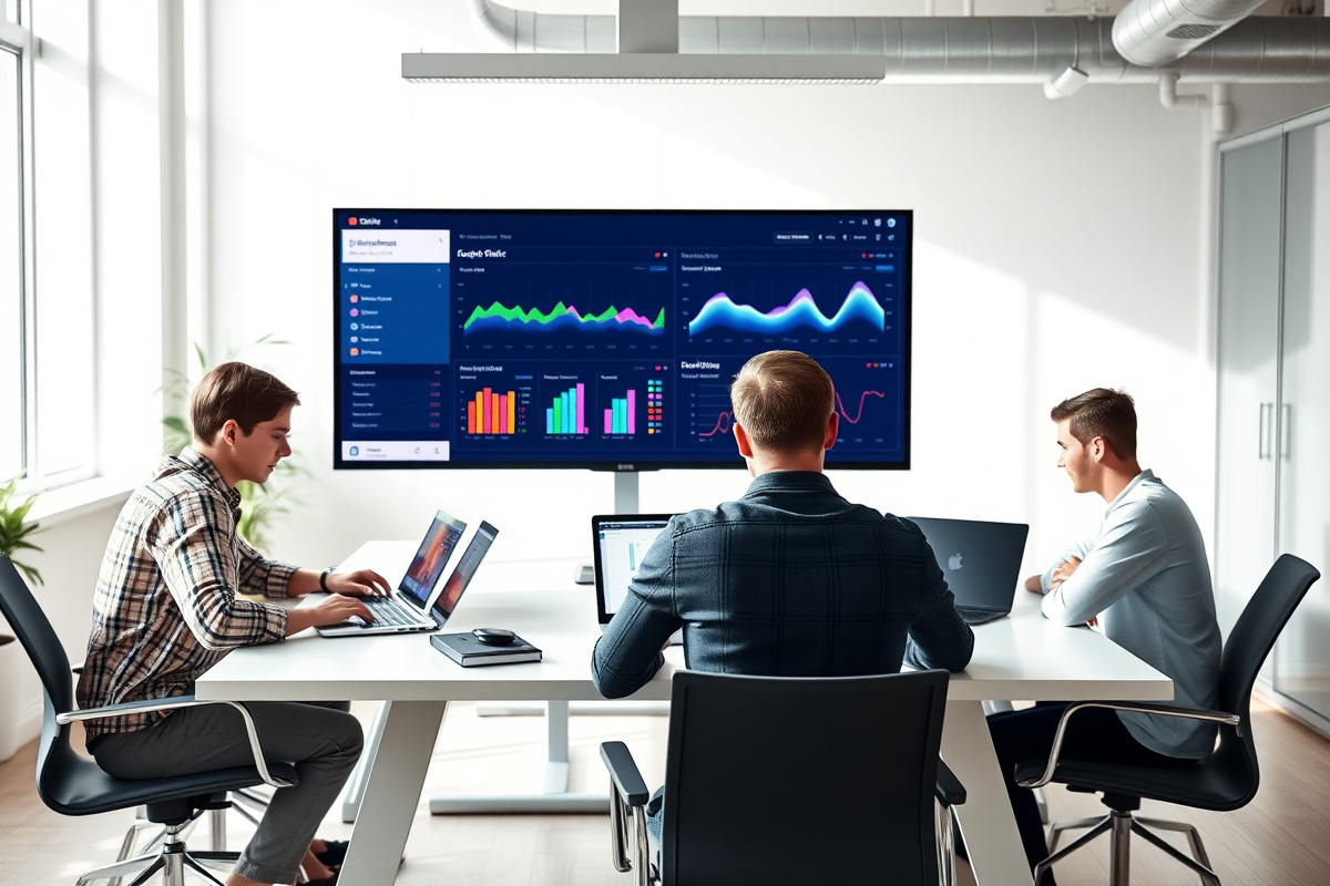 A modern SaaS startup team collaborating around laptops in a bright open-plan office